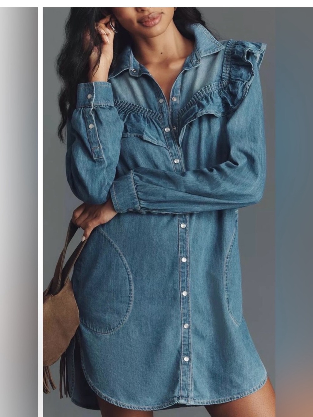 Anthropologie Denim Blue Ruffle-Trim Mini Dress